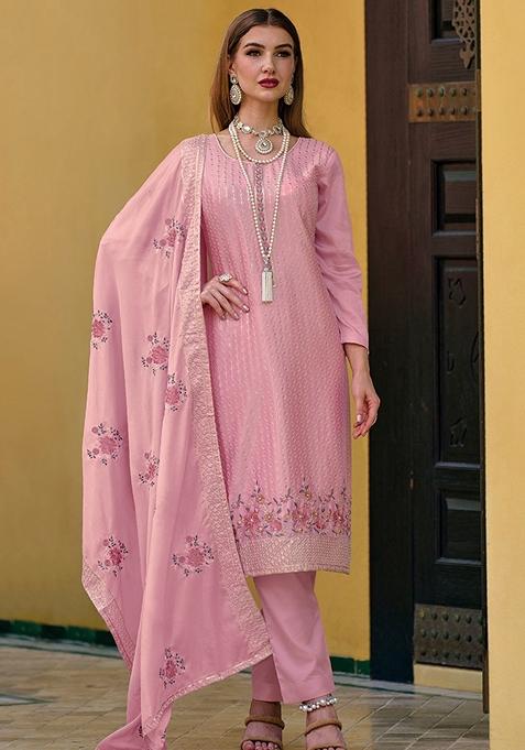 Pink Embroidered Georgette Kurta Set