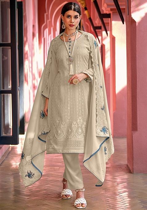 Light Grey Embroidered Georgette Kurta Set