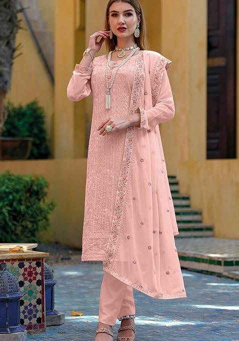 Peach Embroidered Georgette Kurta Set