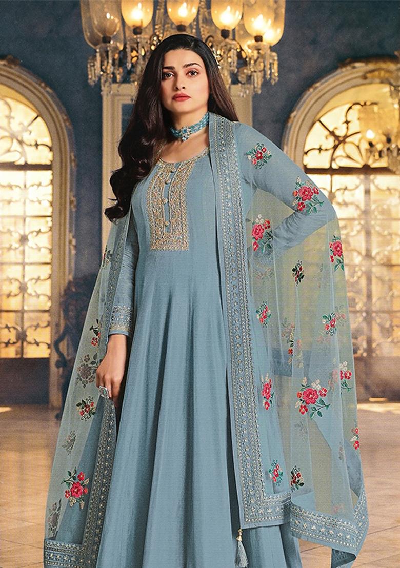 Pastel Blue Embroidered Silk Anarkali Gown Set