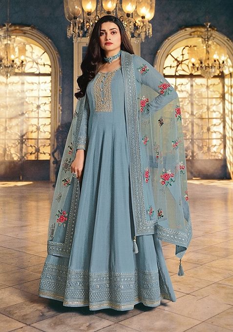 Pastel Blue Embroidered Silk Anarkali Gown Set