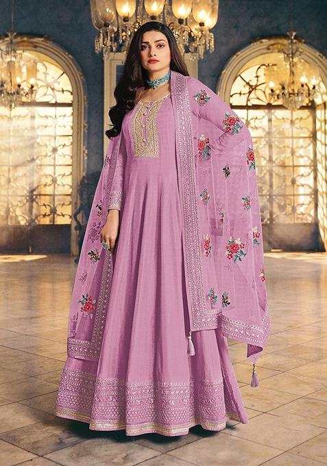 Lavender Embroidered Silk Anarkali Gown Set