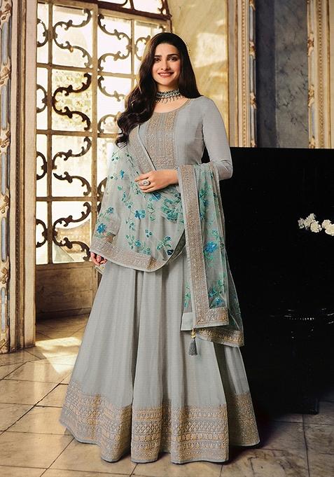 Grey Embroidered Silk Anarkali Gown Set