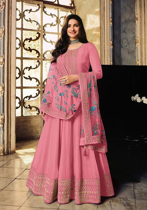 Pink Embroidered Silk Anarkali Gown Set