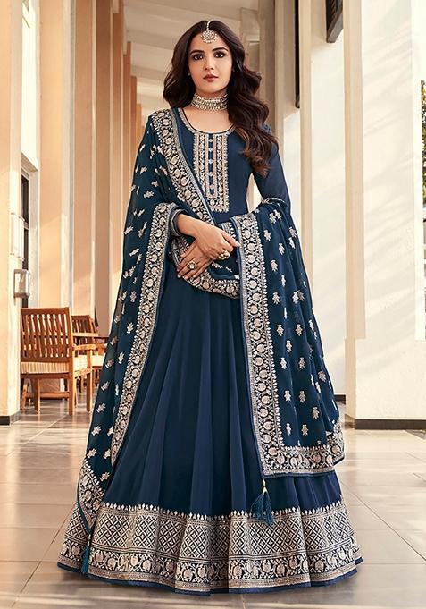 Dark Aqua Blue Embroidered Georgette Anarkali Gown Set