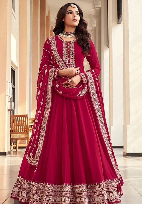 Hot Pink Embroidered Georgette Anarkali Gown Set