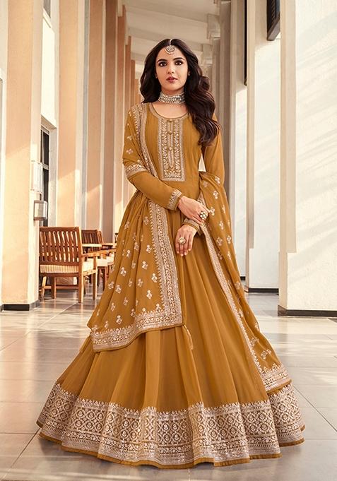 Mustard Embroidered Georgette Anarkali Gown Set