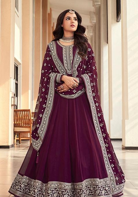 Dark Purple Embroidered Georgette Anarkali Gown Set