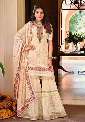 Cream Embroidered Faux Georgette Kurta Set