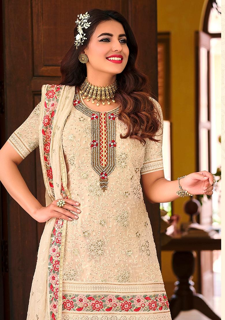 Cream Embroidered Faux Georgette Kurta Set