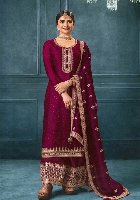 Dark Wine Embroidered Silk Kurta Set