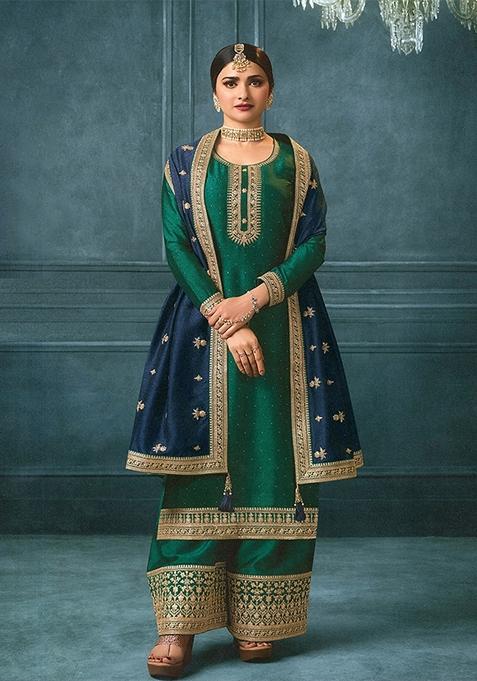 Dark Teal Blue Embroidered Silk Kurta Set