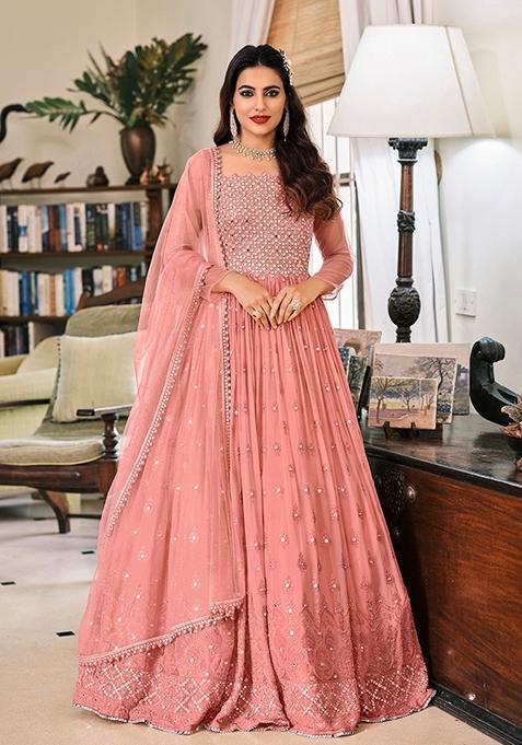 Peach Embroidered Georgette Anarkali Gown Set