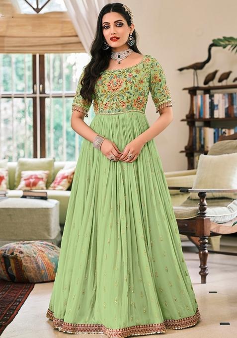 Light Green Embroidered Georgette Anarkali Gown Set