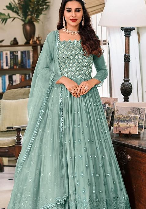 Light Blue Embroidered Georgette Anarkali Gown Set