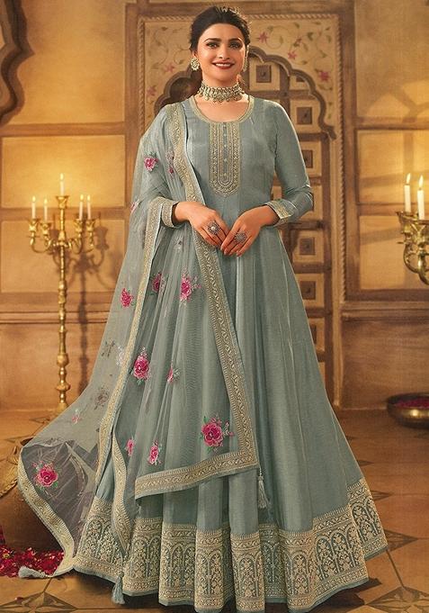 Slate Grey Embroidered Art Silk Anarkali Gown Set