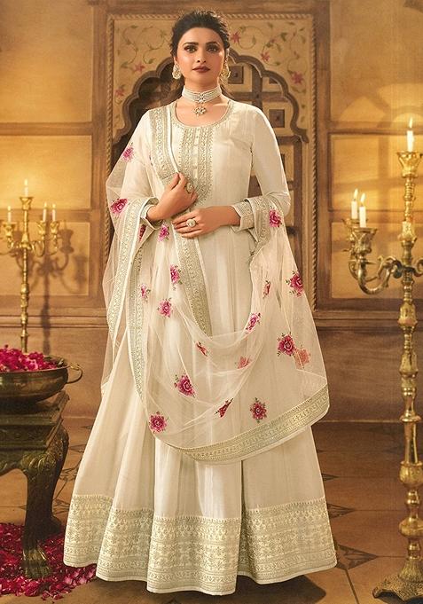 Off White Embroidered Art Silk Anarkali Gown Set