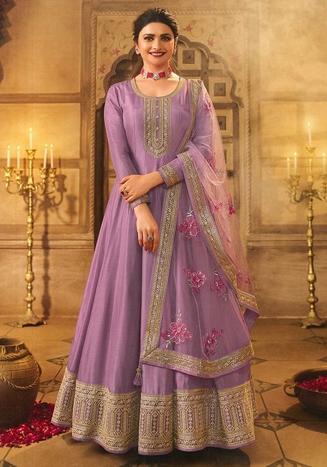 Lavender Embroidered Art Silk Anarkali Gown Set