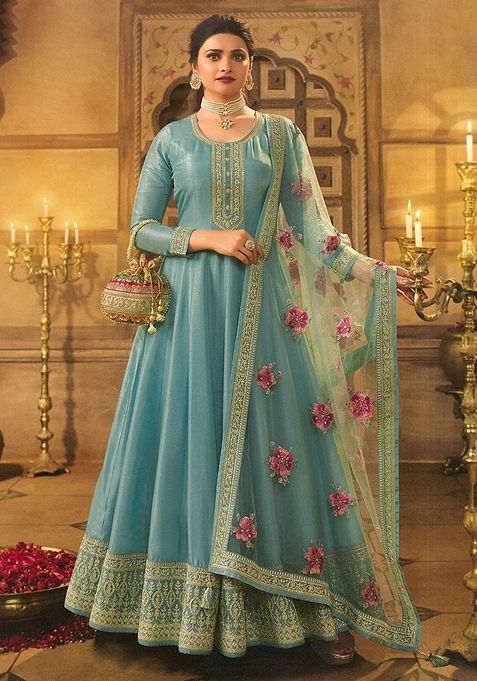 Sky Blue Embroidered Art Silk Anarkali Gown Set