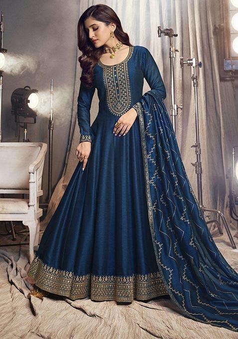 Royal Blue Embroidered Silk Anarkali Gown Set