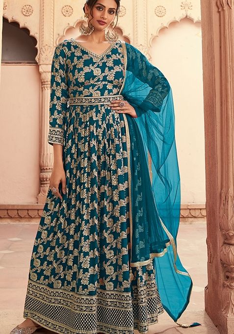 Aqua Blue Embroidered Dola Silk Anarkali Gown Set