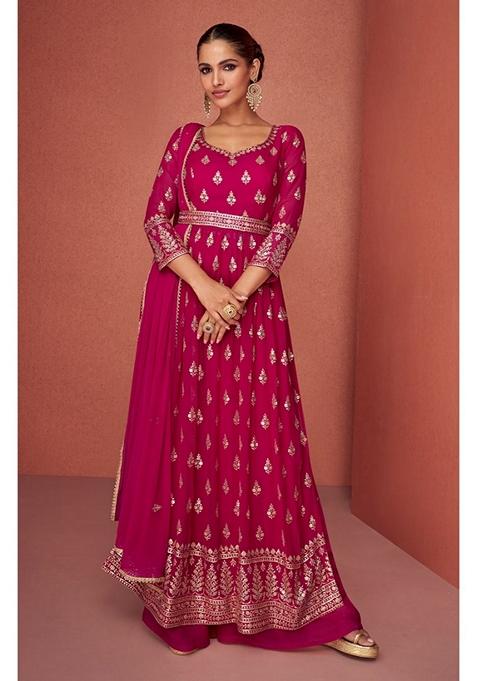 Hot Pink Embroidered Georgette Kurta Set