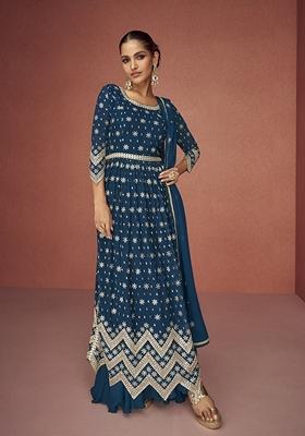 Teal Blue Embroidered Georgette Kurta Set