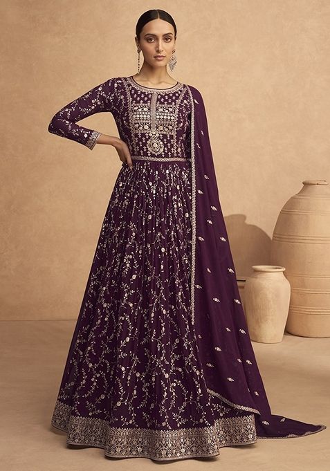 Purple Embroidered Georgette Kurta Set