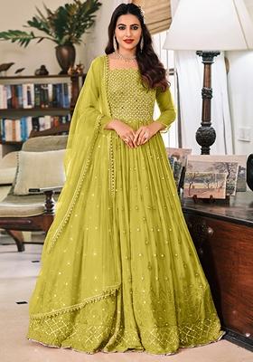 Olive Embroidered Georgette Kurta Set