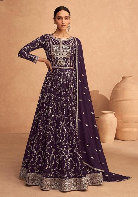 Wine Embroidered Faux Georgette Anarkali Gown Set