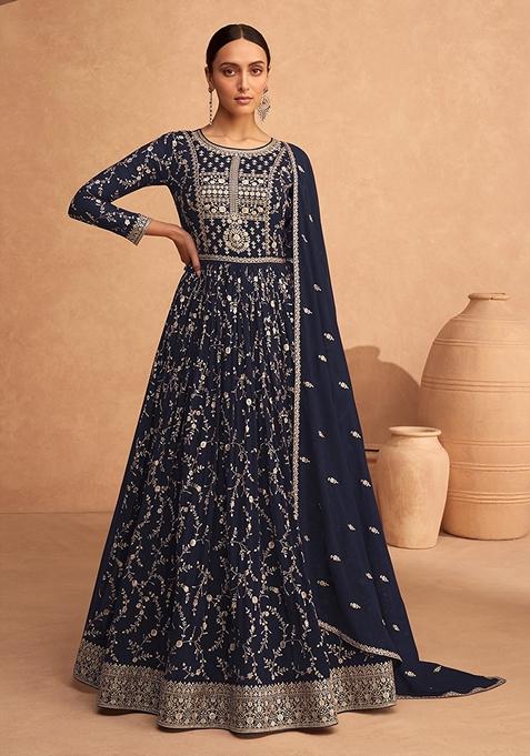 Navy Blue Embroidered Faux Georgette Anarkali Gown Set