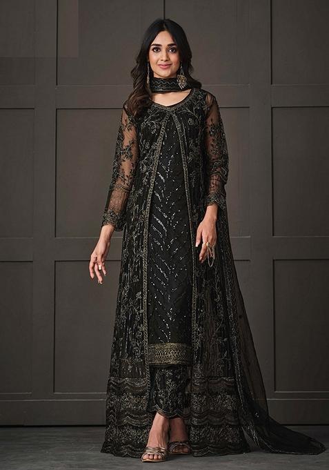 Black Embroidered Net Kurta Set