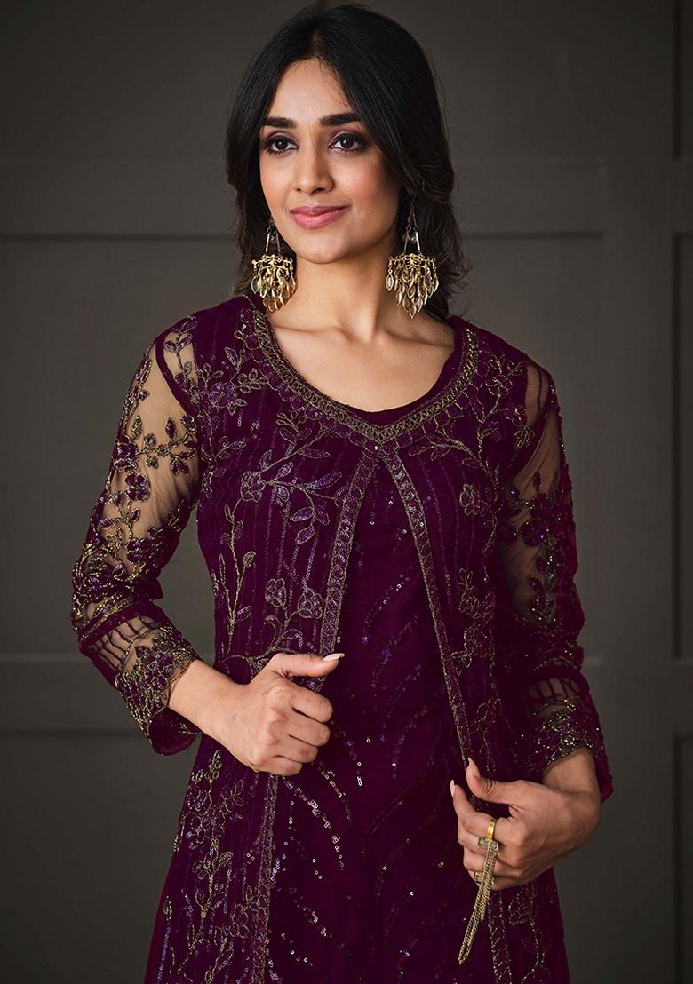 Dark Wine Embroidered Net Kurta Set