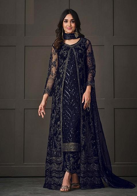 Dark Blue Embroidered Net Kurta Set