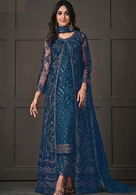 Teal Embroidered Net Kurta Set