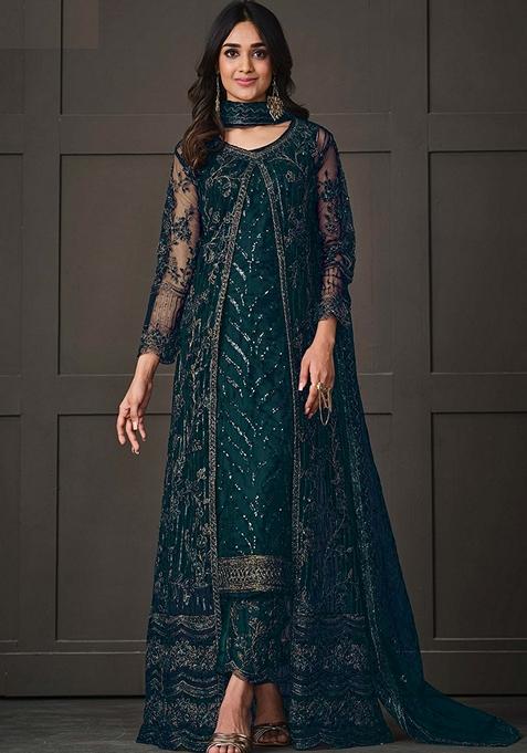 Dark Green Embroidered Net Kurta Set