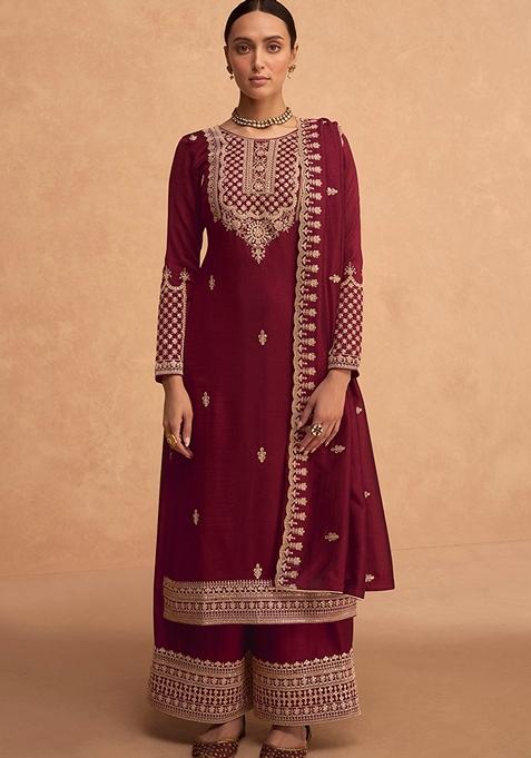 Maroon Embroidered Georgette Kurta Set