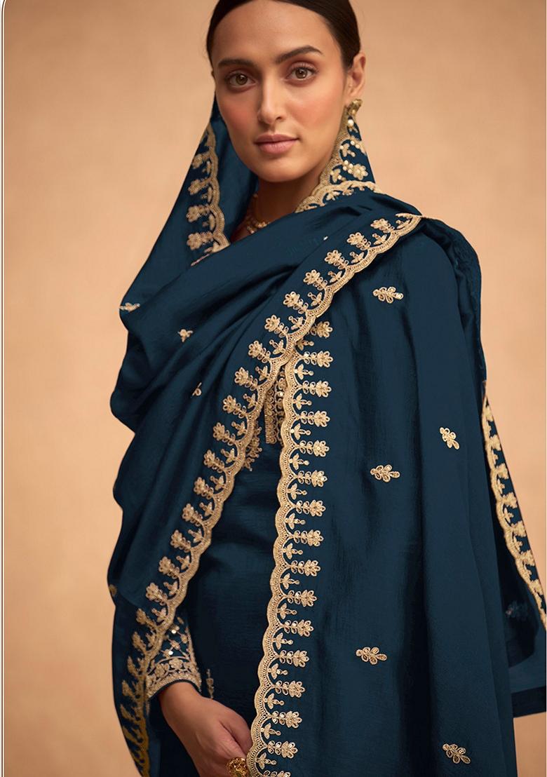 Dark Teal Blue Embroidered Georgette Kurta Set - Indya