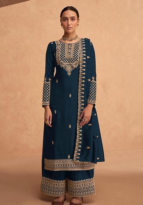 Dark Teal Blue Embroidered Georgette Kurta Set