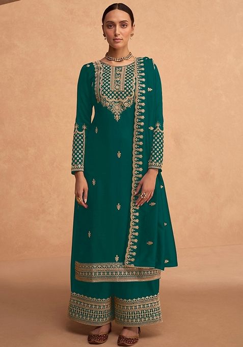 Sea Green Embroidered Georgette Kurta Set