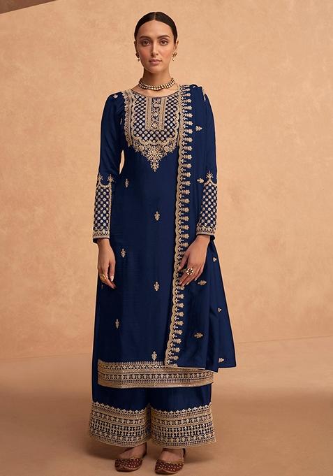 Navy Blue Embroidered Georgette Kurta Set