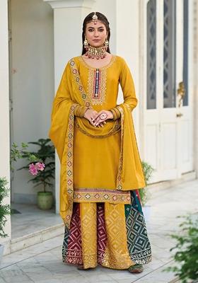 Mustard Embroidered Faux Georgette Kurta Set