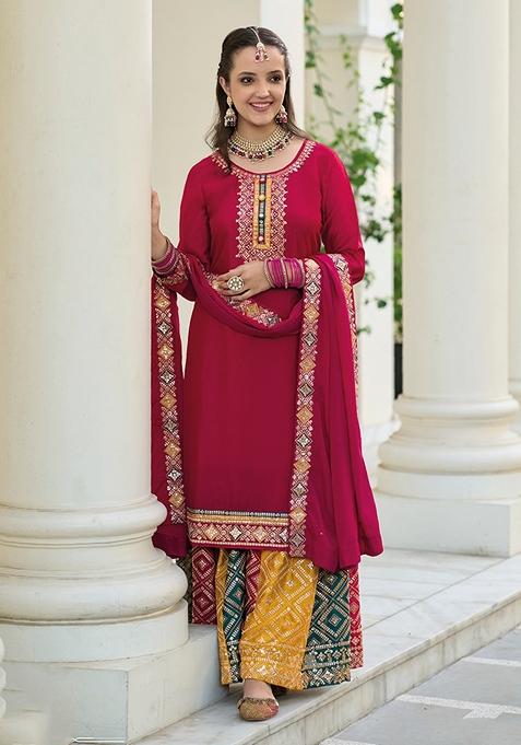 Maroon Embroidered Faux Georgette Kurta Set