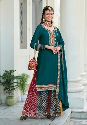 Dark Teal Blue Embroidered Faux Georgette Kurta Set