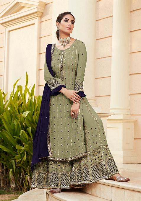 Olive Embroidered Georgette Kurta Set