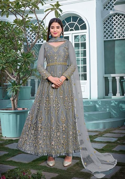 Grey Embroidered Net Anarkali Set