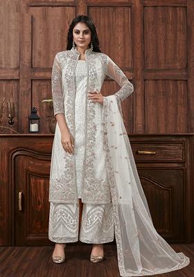 Off White Embroidered Net Kurta Set
