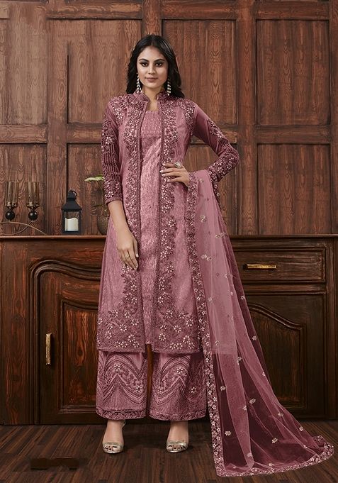 Mauve Embroidered Net Kurta Set