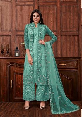 Turquoise Embroidered Net Kurta Set