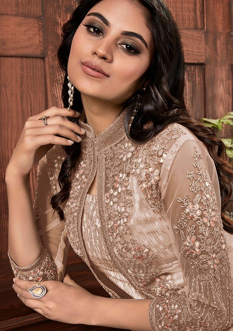 Beige Embroidered Net Kurta Set